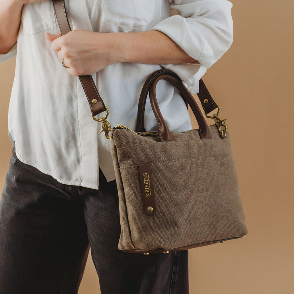 Dot | Small Tote | Fatigue Washed Canvas + Brown Leather