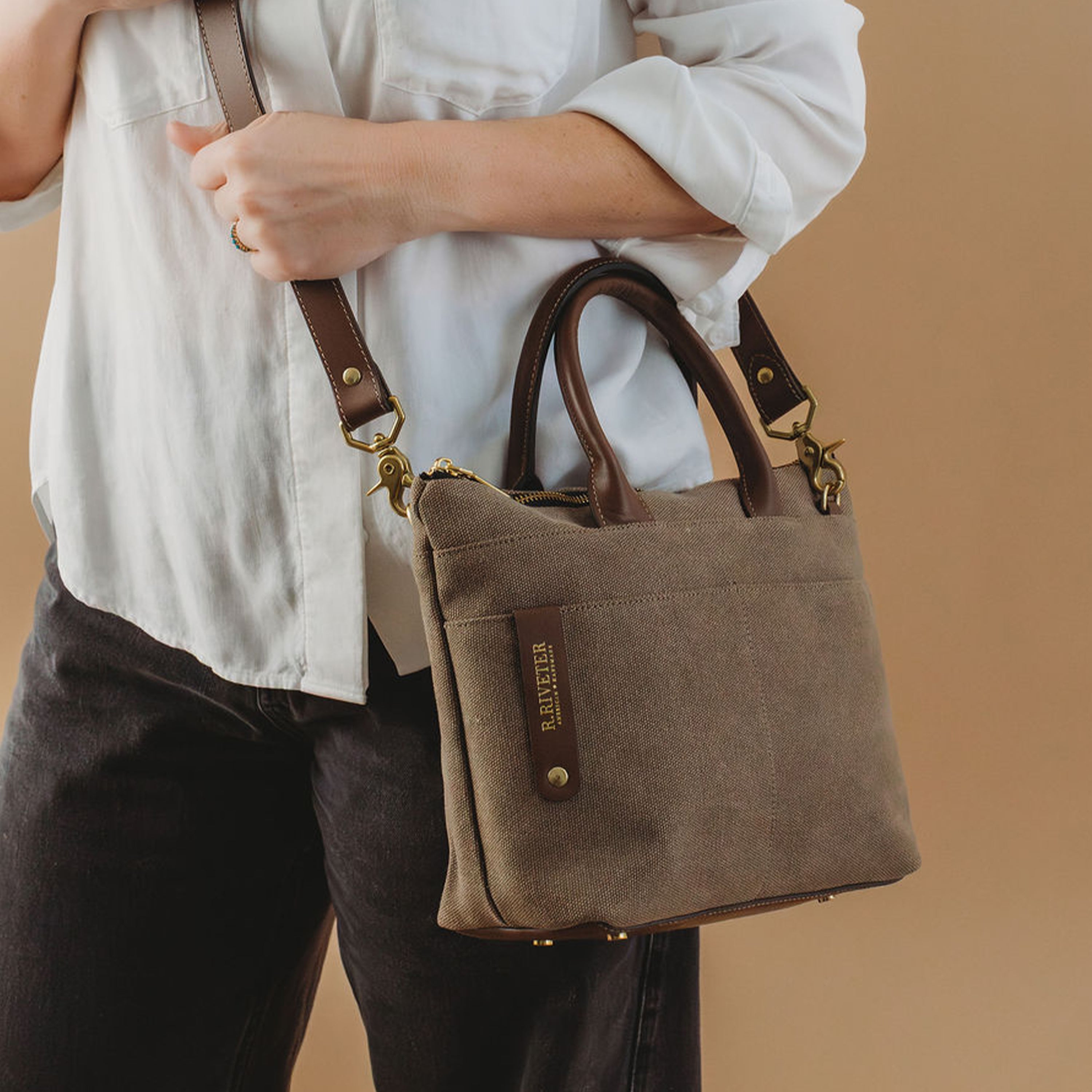 Dot | Small Tote | Fatigue Washed Canvas + Brown Leather