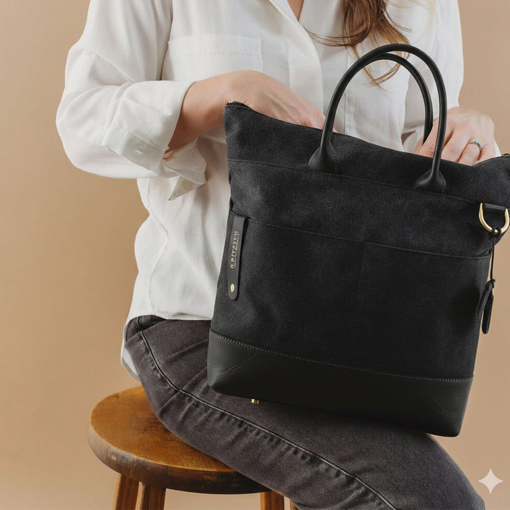 Otto Tote | Black Washed Canvas + Black Leather