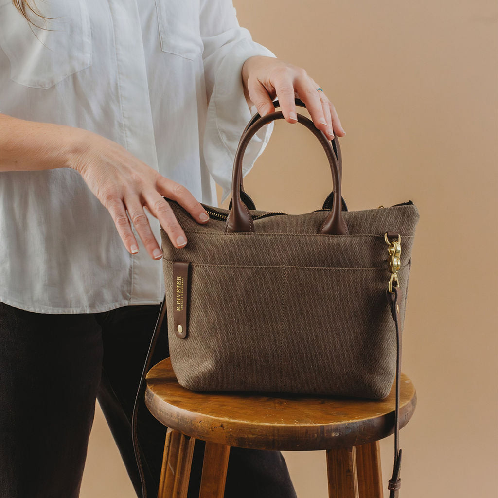 Dot | Small Tote | Chocolate Washed Canvas + Brown Leather