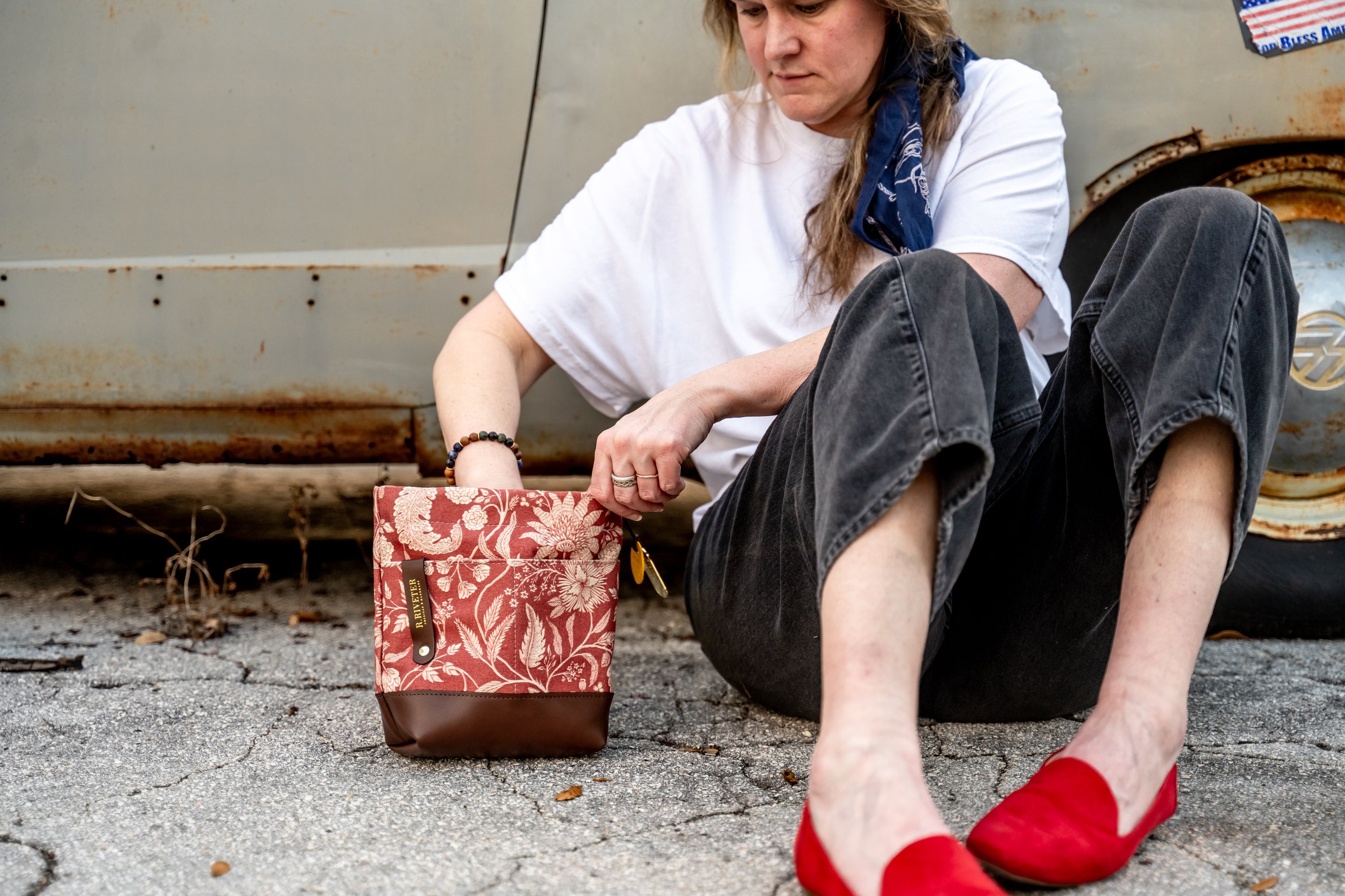 Betsy Bucket Bag | Red Bandana Canvas + Brown Leather