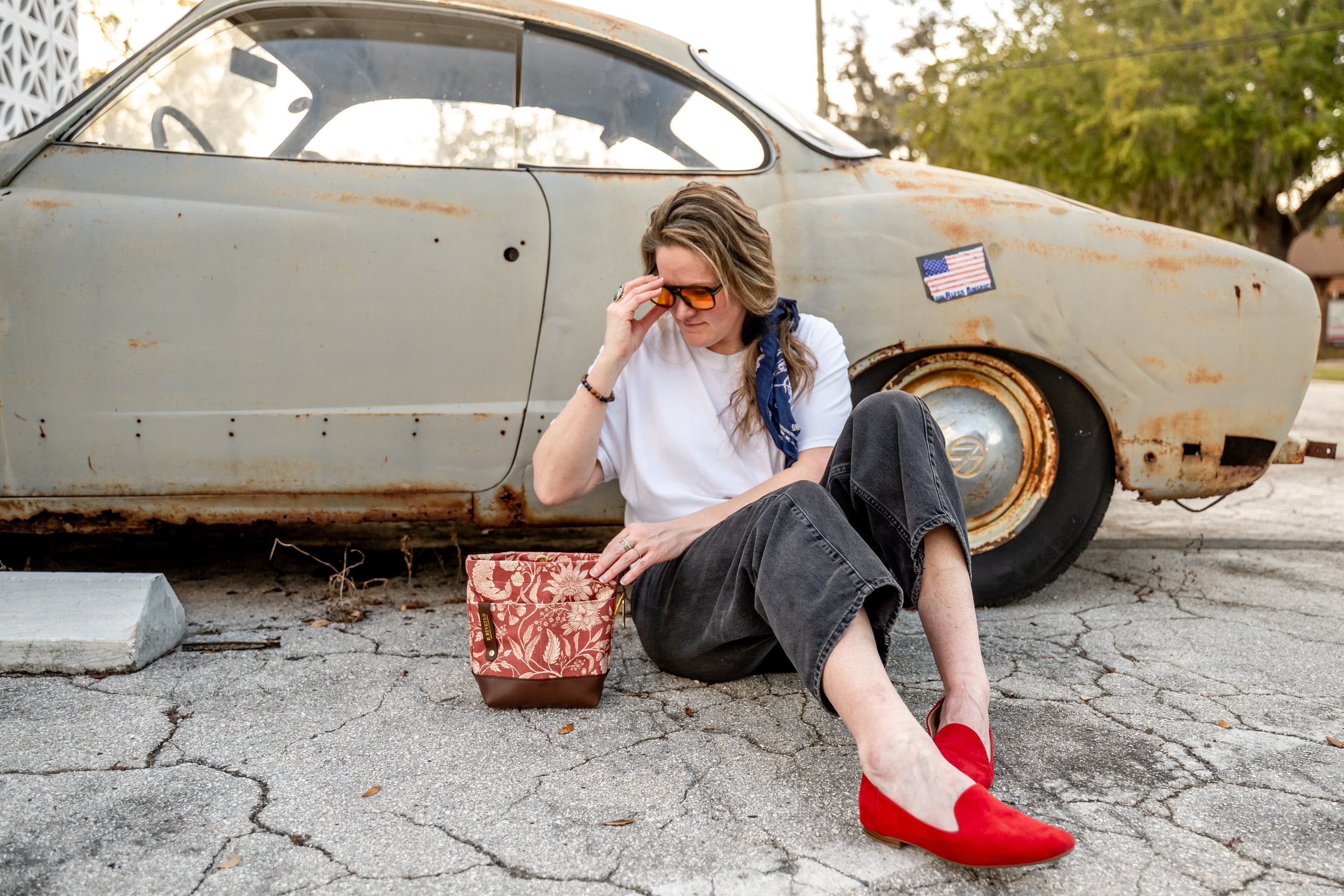 Betsy Bucket Bag | Red Bandana Canvas + Brown Leather