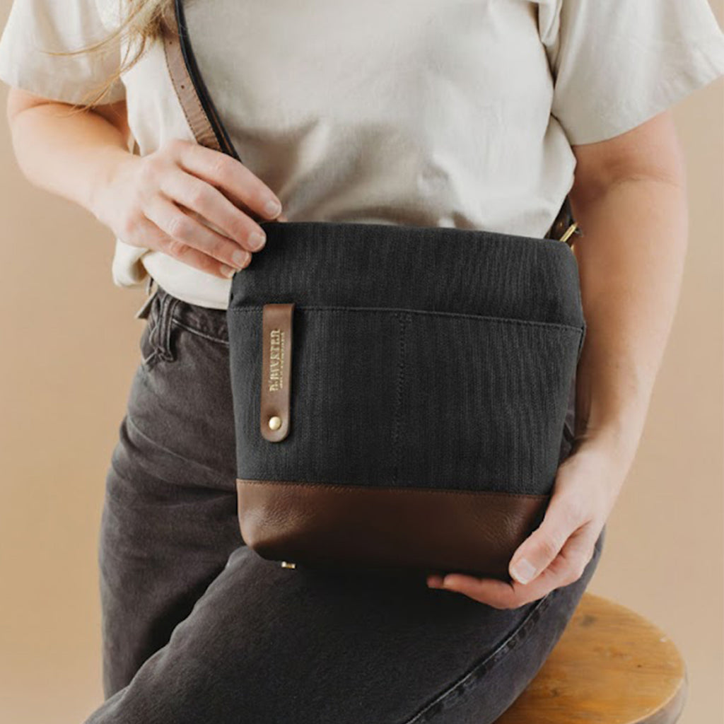 Betsy Bucket Bag | Black Washed Canvas + Brown Leather