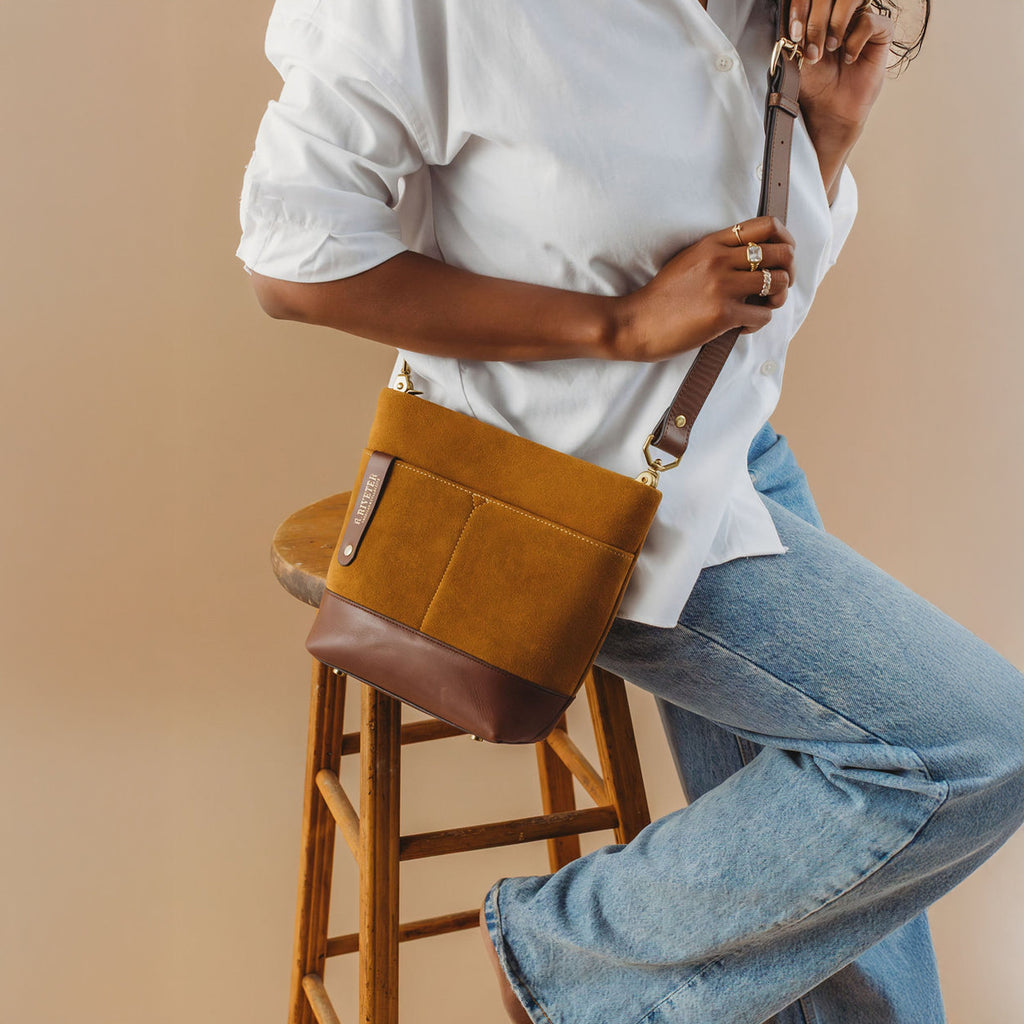 Betsy Bucket Bag | Mustard Suede + Brown Leather