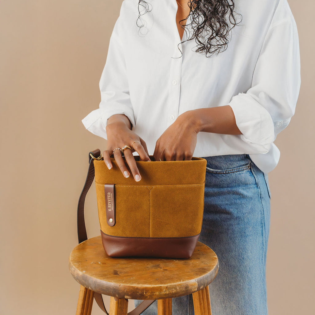 Betsy Bucket Bag | Mustard Suede + Brown Leather