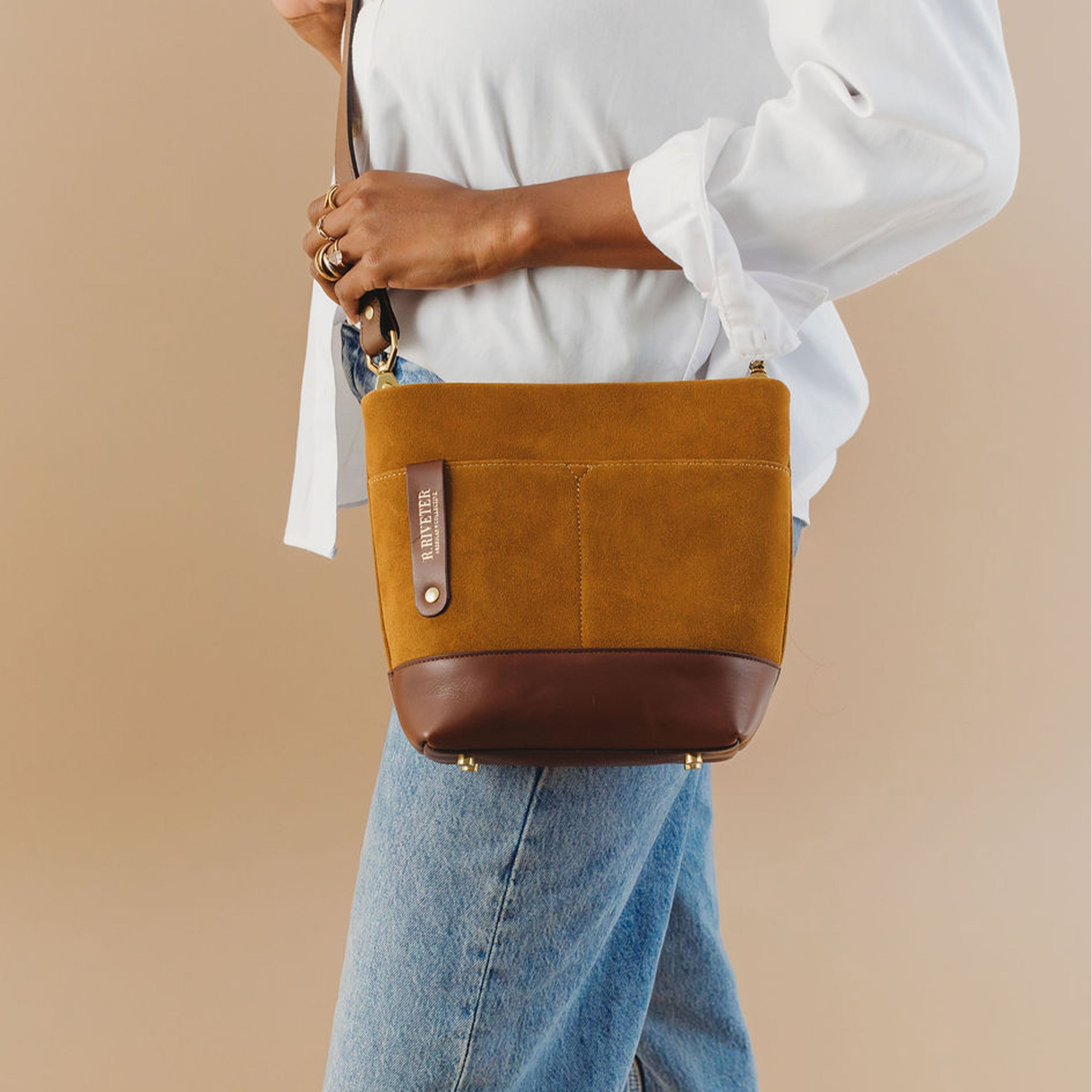 Betsy Bucket Bag | Mustard Suede + Brown Leather