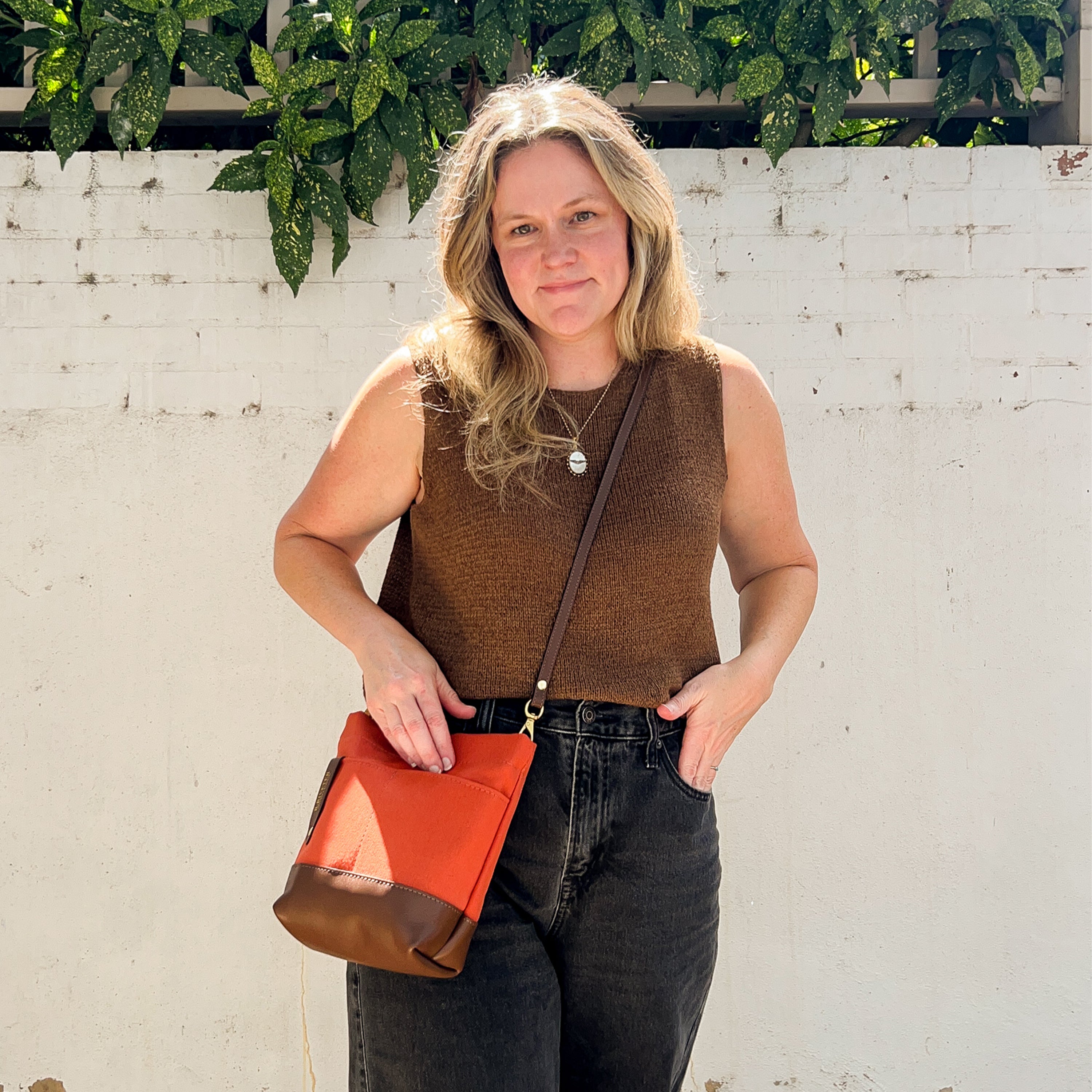 Betsy Bucket Bag | Terracotta Brown Canvas with Brown Leather