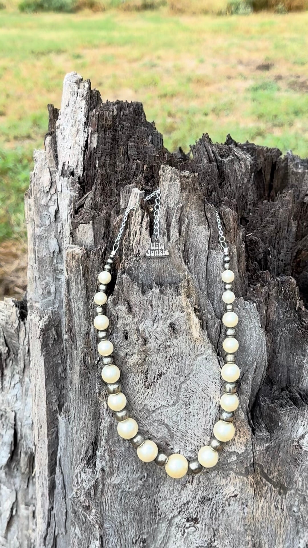 Graduated White Pearl and German Silver Beaded Necklace