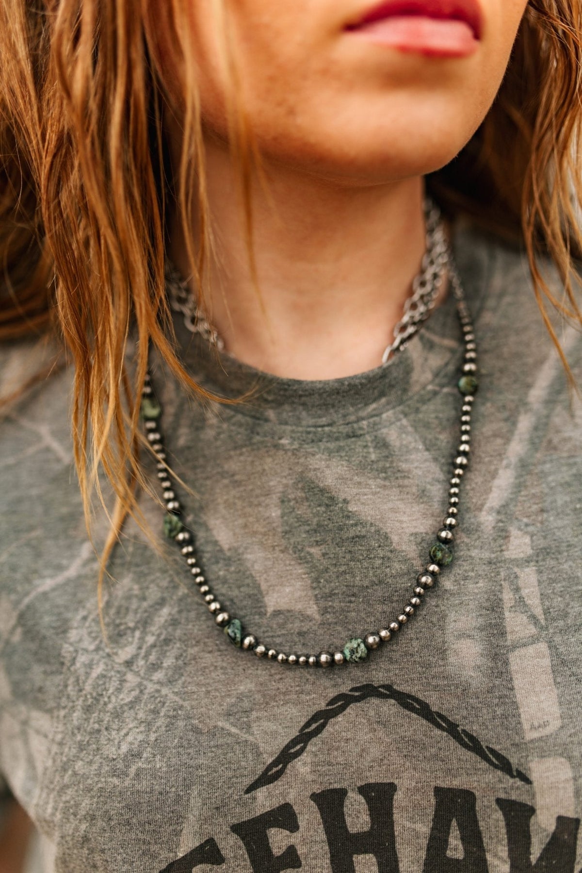 Silver Beads Turquoise Flats Beaded Necklace